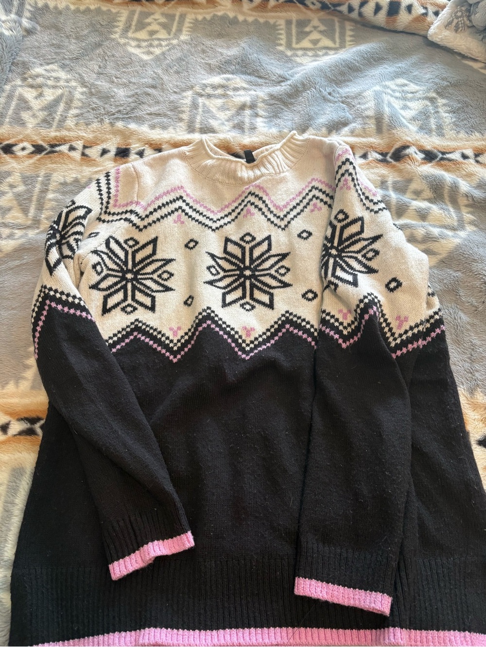 Talbots Black, Cream & Pink Fair Isle Crewneck Sweater